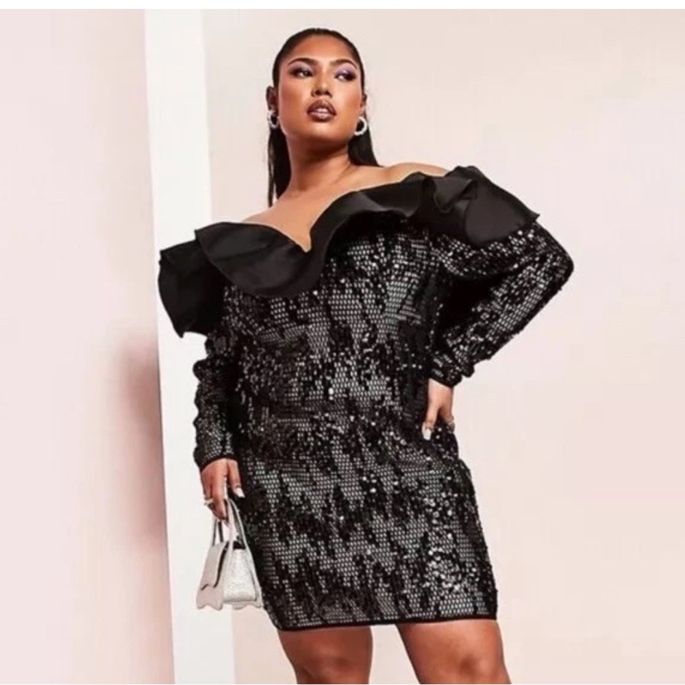 ASOS Luxe Curve Sequin Lace Ruffle Mini Dress Size: 22 NWT